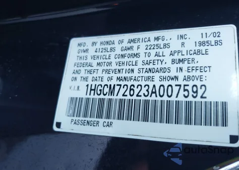 2003 Honda Accord 2.4 Ex z USA, uszkodzony, nr VIN 1HGCM72623A007592